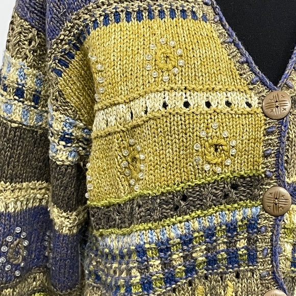 Sigrid Olsen Vintage 90s Hand Knit Cardigan Size L Button Front Beaded Sweater - Picture 5 of 12